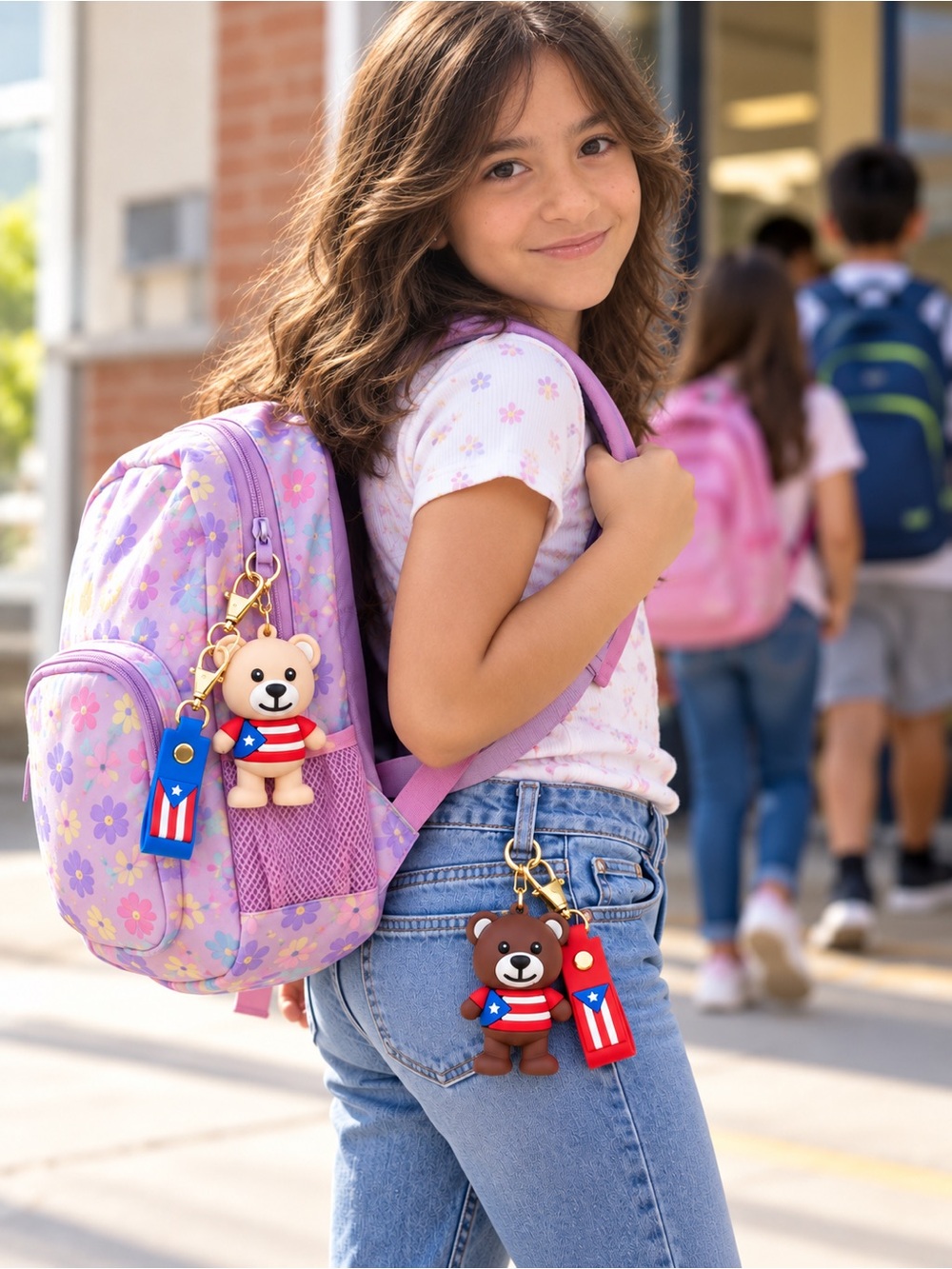 Puerto Rico flag Kids Bear Keychain Backpack Charm - brown Bear Design